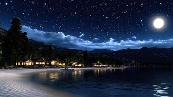 A beach at night with a moon and stars photo
