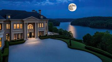 A large mansion with a full moon shining over it photo