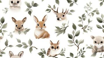 A seamless pattern with rabbits and leaves photo