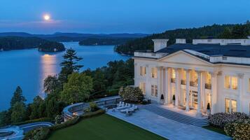 The mansion sits on a hill overlooking the water photo