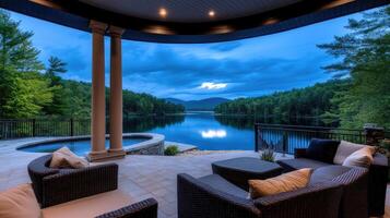 A patio with wicker furniture overlooking a lake photo