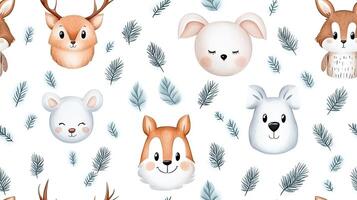 Seamless pattern with cute animals and leaves photo