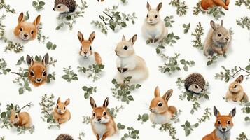 A pattern of rabbits and other animals on a white background photo