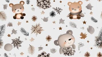 A pattern with teddy bears and pine cones photo