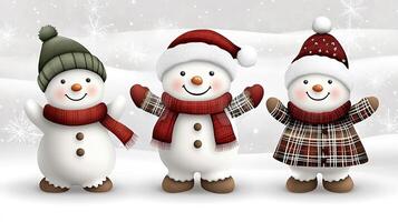 Three snowmen wearing hats and scarves photo