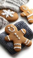 Gingerbread cookies with knitted hats and gloves photo