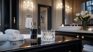 A bathroom with a black counter and a white bathtub photo