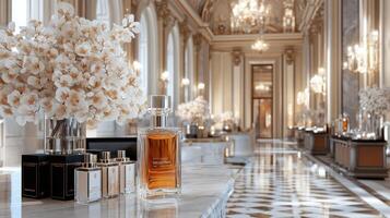 A room with a marble floor and white flowers photo