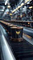 A line of coffee cups on a conveyor belt photo