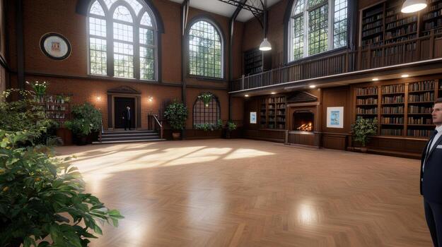 A man in a suit stands in a library photo