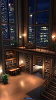 A room with a bed, bookshelves, and a desk photo