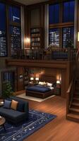 A large living room with a bed, couch, and a staircase photo