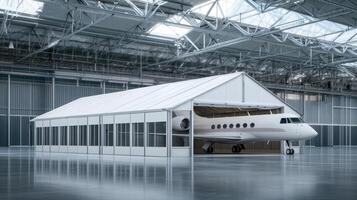 A large airplane is parked inside of a hangar photo