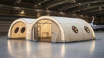 A tent with lights on inside of an airport photo