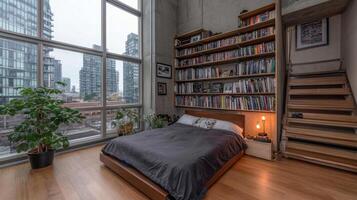 A bedroom with a bed, bookshelves and a window photo