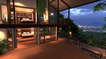 A modern home with a balcony overlooking the city photo