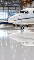 A private jet sits in a large hangar photo