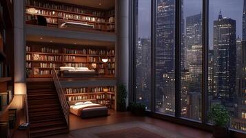 A bedroom with a bed and a bookshelf photo