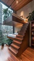A bedroom with a bed and a staircase photo