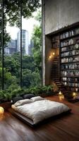 A bedroom with a bed and bookshelves in front of a window photo