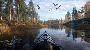 A kayak is in the middle of a river with birds flying overhead photo