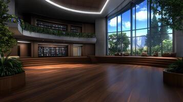 A large library with a large window and lots of plants photo