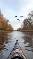 A kayak is seen in the water with birds flying overhead photo