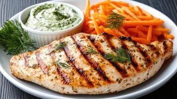 Grilled chicken breast with carrot and dip photo
