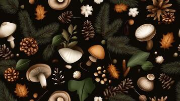 A seamless pattern with mushrooms, pine cones and leaves photo