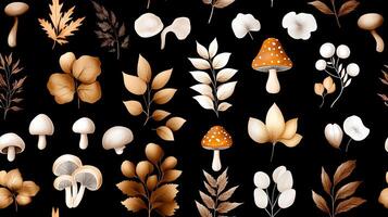 A black and white pattern with mushrooms and leaves photo