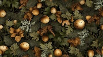 A pattern of mushrooms and leaves on a black background photo