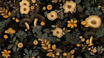 A black and gold floral pattern with mushrooms photo
