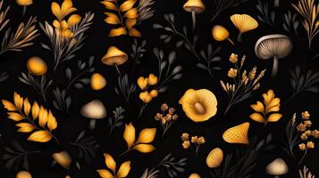 A black and gold floral pattern with leaves and mushrooms photo
