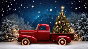 A red truck with christmas tree in the background photo