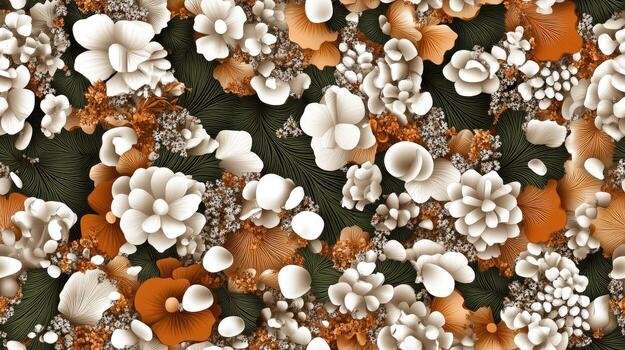 A pattern of white and orange flowers on a black background photo