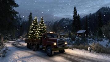 A truck with christmas trees on the side of the road photo