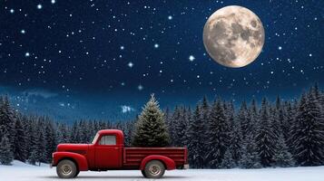 A red truck with a christmas tree in the back photo
