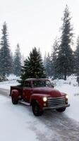 A red truck with a christmas tree on the back photo