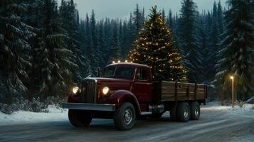 A red truck driving down a snowy road with a christmas tree on the back photo