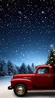 A red truck with a christmas tree in the back photo
