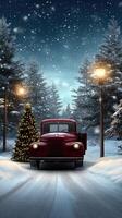 A red truck driving down a snowy road with a christmas tree photo