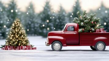 A red truck with christmas trees in the back photo