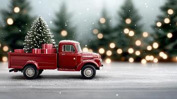 A red truck with a christmas tree in the back photo