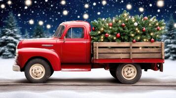 A red truck with a christmas tree in the back photo