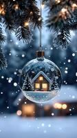 A christmas ball with a house in the snow photo