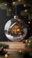 Christmas tree with christmas decorations and a house in a glass ball photo