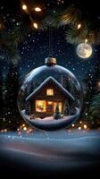 A christmas ball with a house in the snow photo
