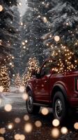 A red truck with christmas lights on the back photo