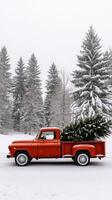A red truck with a christmas tree in the back photo