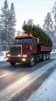 A truck carrying a christmas tree down a snowy road photo